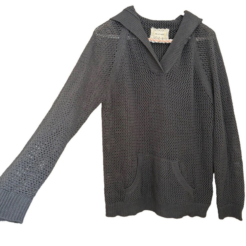 Shirt 469 Hooded Open Knit Crochet Sweater M Linen Blend Boho Layering Coastal